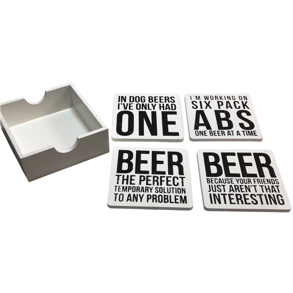 Beer Saying Wooden Coasters in Box Funny Gift idea
